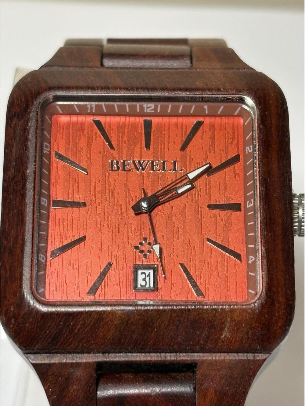 Bewell Men’s Hardwood Wrist Watch Time/Date Rectangular. 39mm Case 15mm Thick